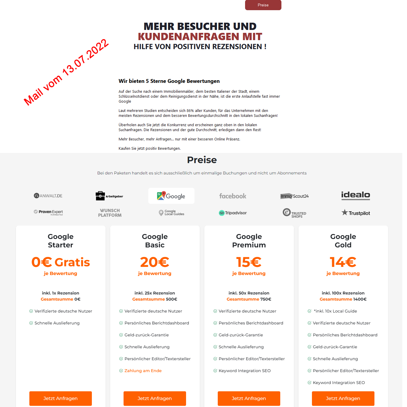 Beispiel: Mail – Angebot Bewertungen kaufen