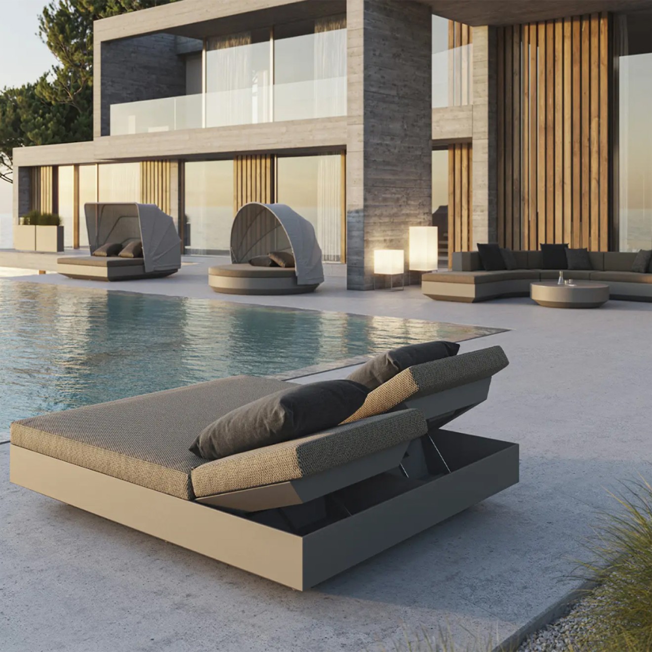 Beleuchtete VONDOM VELA Daybeds – LED-Inszenierung für Abendstimmung